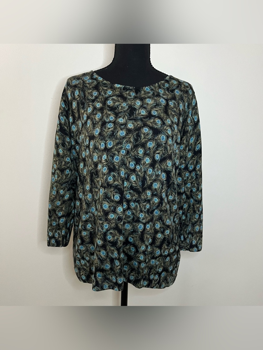 Talbot's Pure Merino Wool Black Turquoise Peacock Print Lightweight Sweater 1X